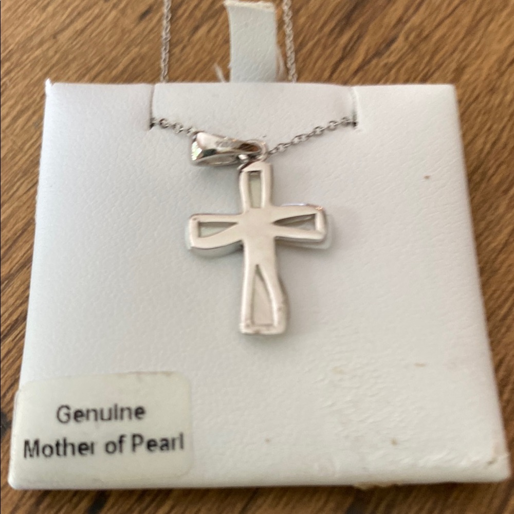 Silver and White Cross Pendant Necklace - Picture 2 of 8